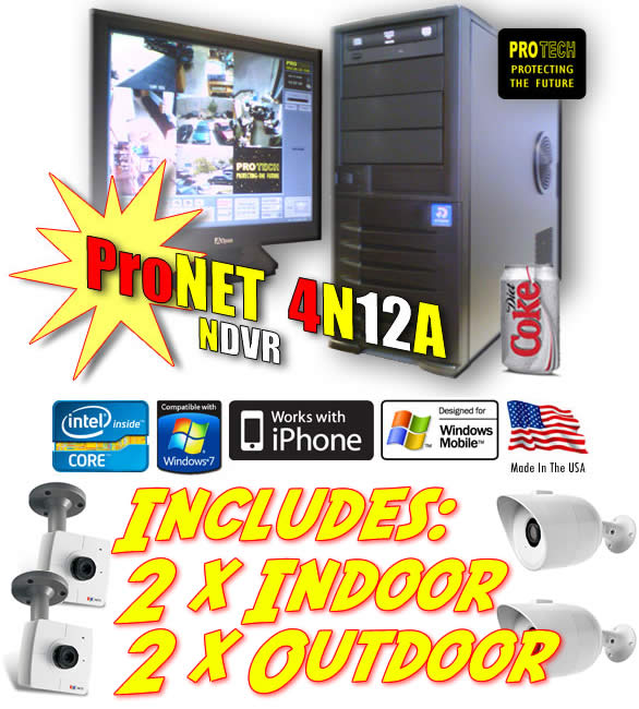Complete Kit Package 2 Outdoor IP 
Cameras & 2 Indoor IP Cameras & ProNET 
Hybrid 16 Ch nDVR for up to 12 Analog 
or 4 IP Cameras